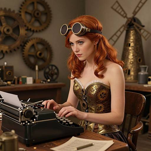 Steampunk red-haired woman with goggles, gold corset, writing on vintage typewriter in industrial-themed room with gears and windmill. Digital art