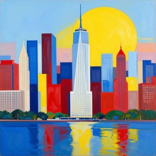 Vibrant digital painting of New York City skyline with the Empire State Building centered, tall buildings in red, blue, and yellow, bright yellow sun