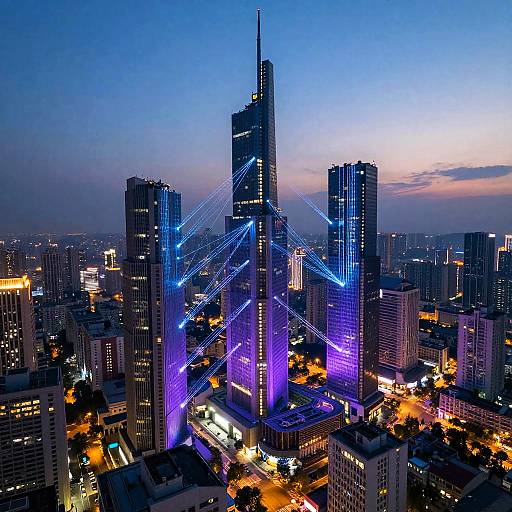 Futuristic Cityscape with Glowing Fiber Optic Cables