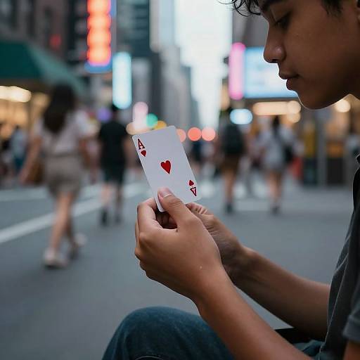 Photograph of an Asian man with curly hair, sitting on city street, focused on aces card, blurred neon-lit background.