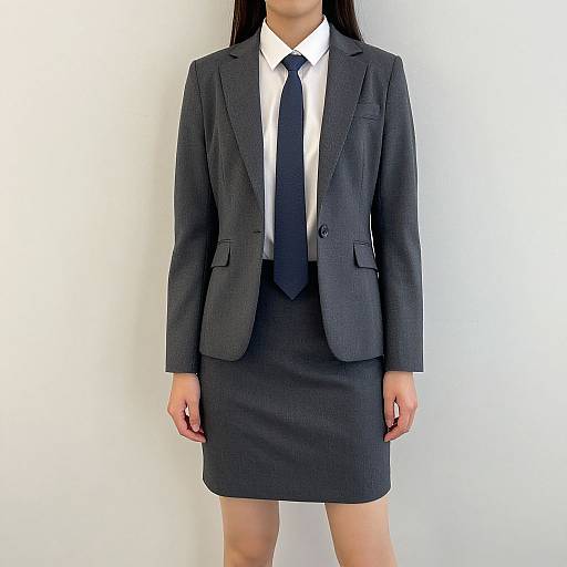 Photograph of a woman in a dark gray business suit with a white shirt and black tie, standing against a plain white background.