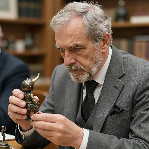 Focused Senior Man Inspecting Figurine