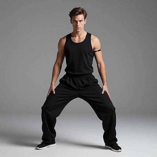 Photograph of a muscular, young man with short brown hair, wearing a black tank top, black pants, and black sneakers, standing in a wide