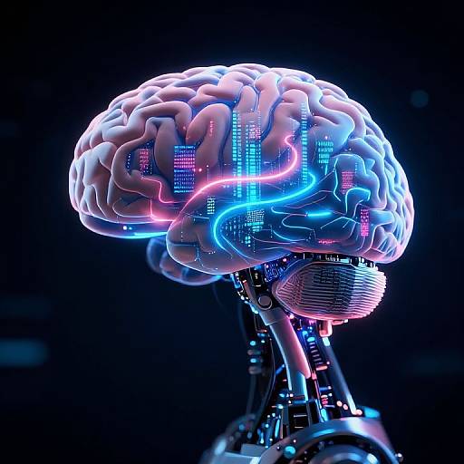 Digital CGI of a glowing, neon-lit human brain with intricate blue and pink circuitry, set against a dark background. The brain is connected to