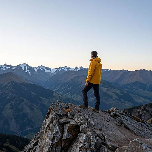 Photograph of a lone hiker in a yellow jacket standing on a rocky mountain peak, overlooking snow-capped mountain ranges under a clear, blue sky