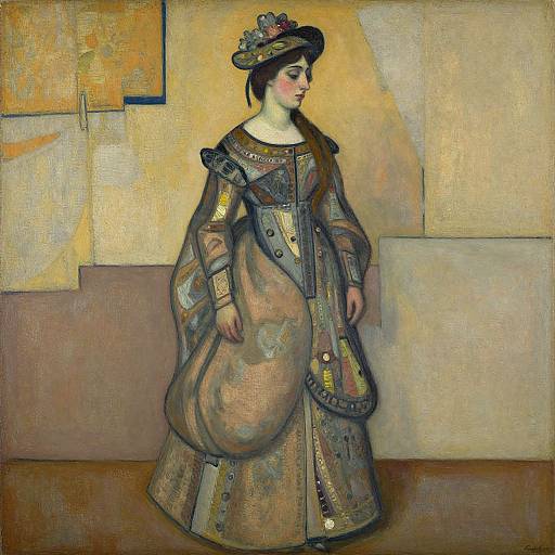 Olive Shapley-style painting of a woman in a brown, ornate Victorian dress with puffed sleeves and a decorated hat, standing against a
