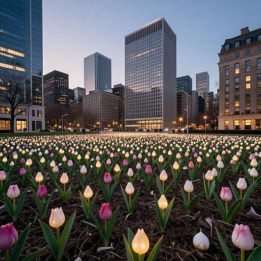 Photograph of a cityscape at dusk, featuring a field of glowing pink and white tulips in the foreground, with illuminated skyscrapers in the