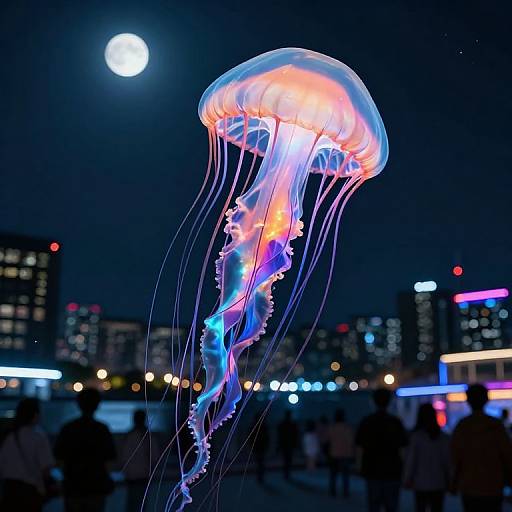 Photograph of a glowing, multicolored jellyfish against a night sky with a full moon, city lights, and silhouetted crowd below
