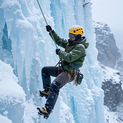 Photograph of an ice climber in green jacket, yellow helmet, and black pants, gripping an icy wall with a rope, surrounded by jagged