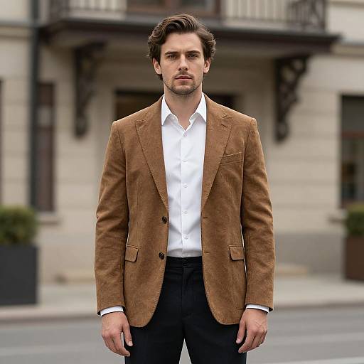 Photograph of a handsome, serious-looking man with dark hair, wearing a brown suede blazer, white shirt, and black pants, standing in front