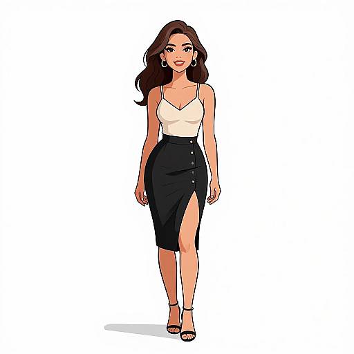 Digital illustration of a smiling woman with long brown hair, wearing a white tank top, black high-waist skirt with buttons, and black sandals,