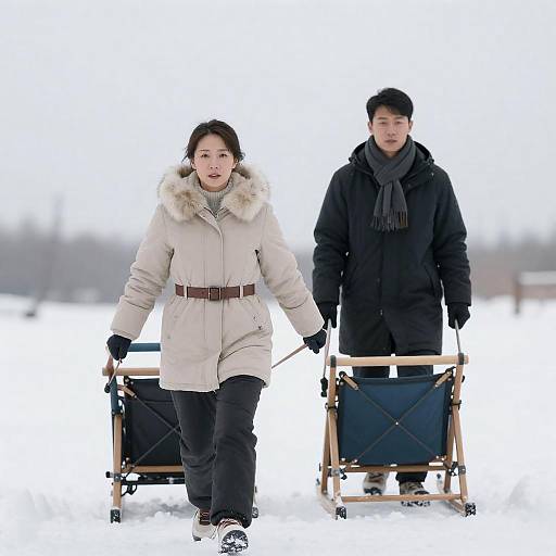 Asian Woman Leading Sled in Snow