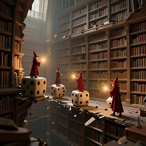 Photorealistic CGI: Four red-robed wizard figures with pointed hats stand on dice in a dim, dusty, illuminated library with book-filled shelves.