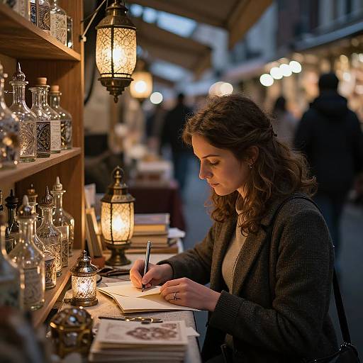 Photograph of a curly-haired woman in a dark cardigan, writing in a notebook at a warmly lit, vintage market stall.