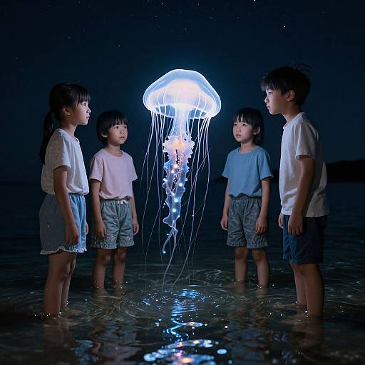 Photograph of four Asian children in white shirts and blue shorts, standing in water at night, gazing at a glowing blue jellyfish.
