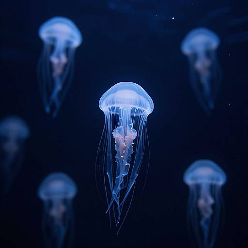 Photograph of glowing blue jellyfish with translucent, umbrella-shaped tops and trailing tentacles, floating in a dark, underwater abyss.