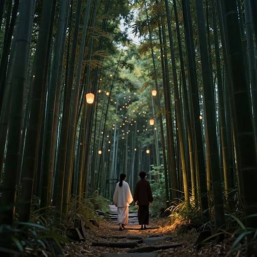 Photograph of two people, one in white robe, one in black, walking through a bamboo forest at dusk with glowing lanterns.