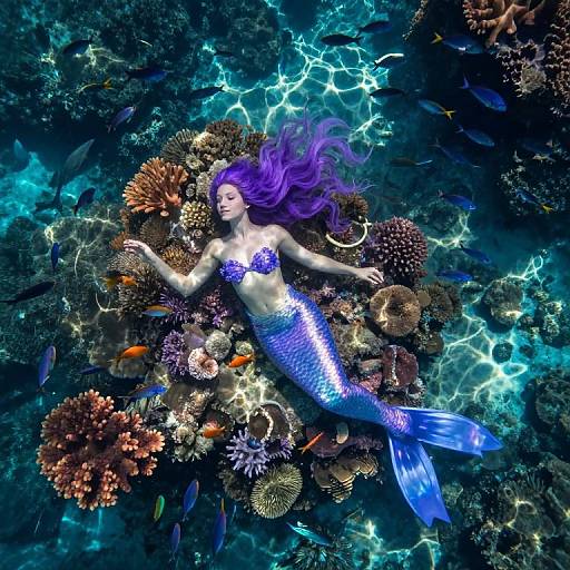 Digital art of a beautiful mermaid with purple hair and blue scales, lying among vibrant coral and fish, illuminated by underwater light.