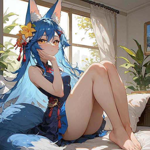 Cute Fox Girl in Blue Dress Sitting Indoors