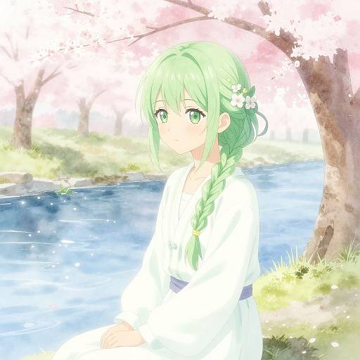 Serene Anime Girl by Cherry Blossoms