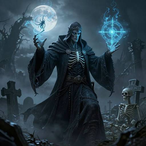 Digital artwork of a dark-robed, skeletal-chested sorcerer with glowing blue magic circles and a spider, amidst a graveyard at night.