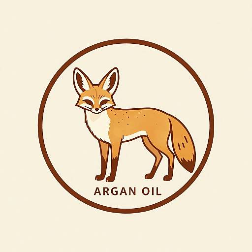 Digital illustration of an orange fox with white underbelly and black-tipped ears and tail, enclosed in a brown circle, labeled 