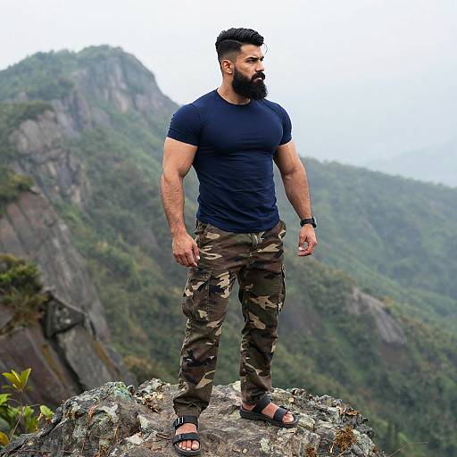 Photograph of a muscular, bearded man with dark hair in a black t-shirt and camouflage pants, standing on a rocky cliff, wearing sandals,