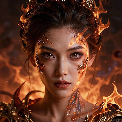 Digital artwork of an Asian woman with fiery flames surrounding her head, intense gaze, dark hair, and glowing orange-yellow firelight.