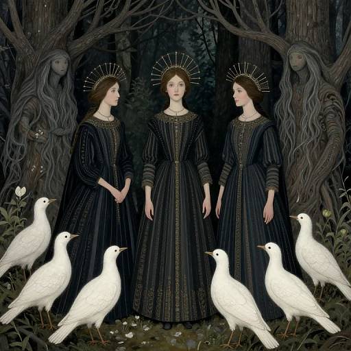 Digital art of three pale-skinned women in black, ornate dresses with golden crowns, surrounded by white birds, in a dark, mystical forest