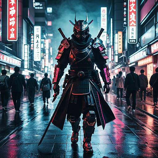 Futuristic Cyborg Samurai in Neon-Lit Tokyo Street