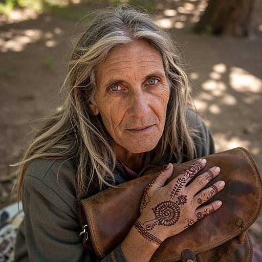 Photograph of an elderly woman with long, blonde-gray hair, wearing a dark jacket, and intricate henna on her hands, holding a worn leather