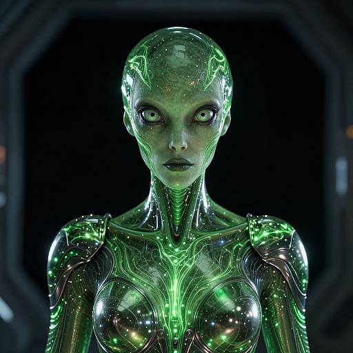 Photorealistic CGI of a glowing green, humanoid alien with large, luminescent eyes and intricate, neon-like circuitry patterns on its sleek,