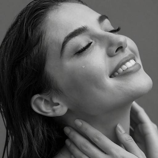 Black and White Portrait of Smiling Woman with Wet Hair