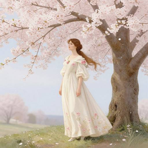 Digital painting of a fair-skinned woman with long brown hair in a white floral dress, standing under a blooming cherry tree.