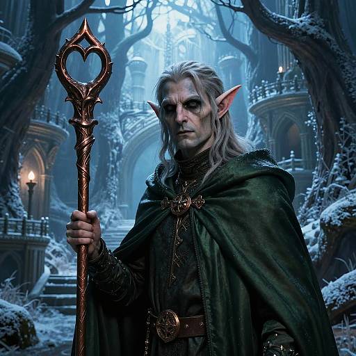 D&D Horror Elf in Frosty Arboreal City