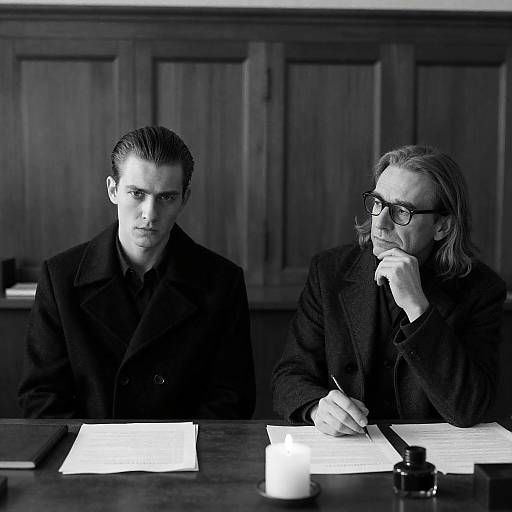 Black and White Portrait of Two Men at Desk