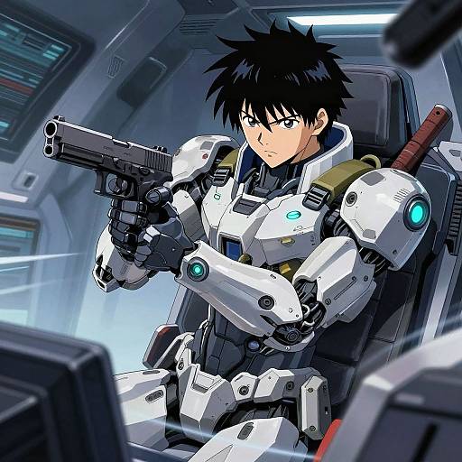 Anime-style digital illustration of a black-haired, blue-eyed young man in white futuristic armor, holding a gun, seated in a spaceship cockpit.
