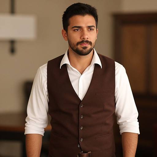 Photograph of a handsome South Asian man with short black hair and beard, wearing a white shirt and brown vest, standing indoors.