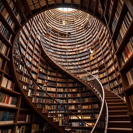 Photograph of a grand, spiral staircase in a vast, circular library filled with towering bookshelves, illuminated by a central skylight.