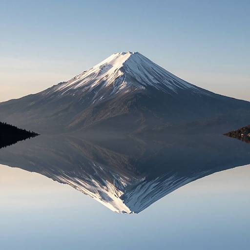 Photograph of a snow-capped, symmetrical mountain reflected in a still, clear blue lake under a bright, cloudless sky.