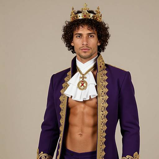 Photograph of a curly-haired, muscular man with a tanned complexion, wearing an ornate, dark navy royal jacket, white ruffled collar,