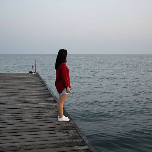 Photograph of a young girl with long black hair, wearing a red shirt, white shorts, and white shoes, standing on a wooden pier, g