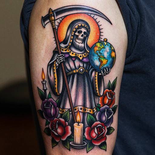 Tattoo of skeletal figure with halo, holding scythe and globe, surrounded by roses, candles, and vibrant colors, on arm.