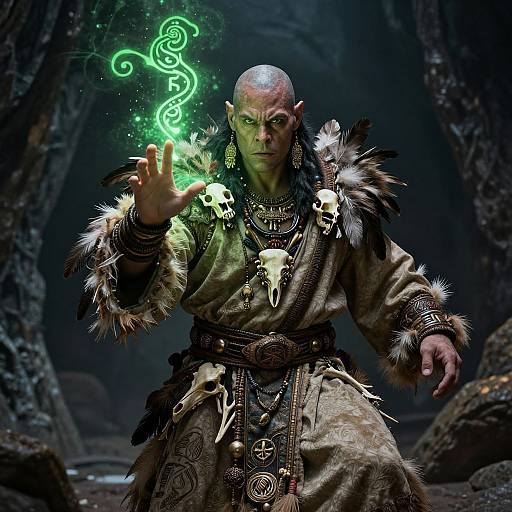 Photograph of a bald, green-skinned, elven sorcerer with pointed ears, wearing fur-trimmed robes and skull jewelry, conjuring