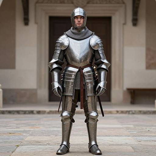 Photograph of a man in full medieval silver armor, standing in front of a stone building with a dark wooden door.