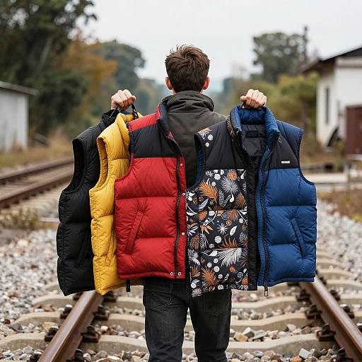 Traveler with Colorful Puffer Vests
