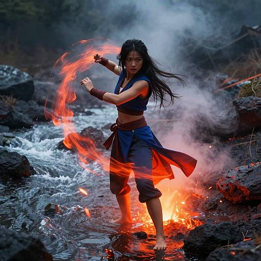 Photograph of a fierce, long-haired Asian woman in blue crop top and pants, summoning fire with glowing orange flames in rocky stream. Smoke and