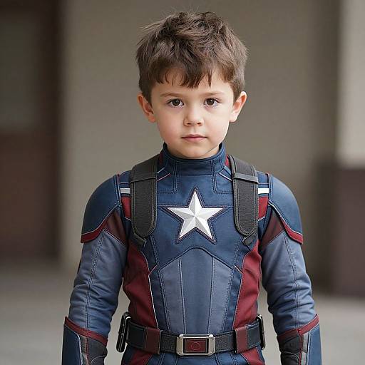 Photograph of a young boy with short brown hair, wearing a detailed blue and maroon superhero costume with a white star, standing indoors against a blurred