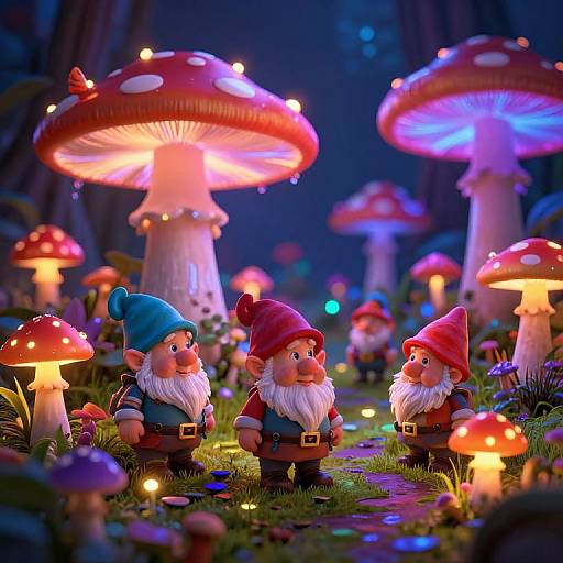 Digital illustration of three adorable gnomes in blue, red, and green hats, standing among glowing, colorful mushrooms in a magical forest at night.