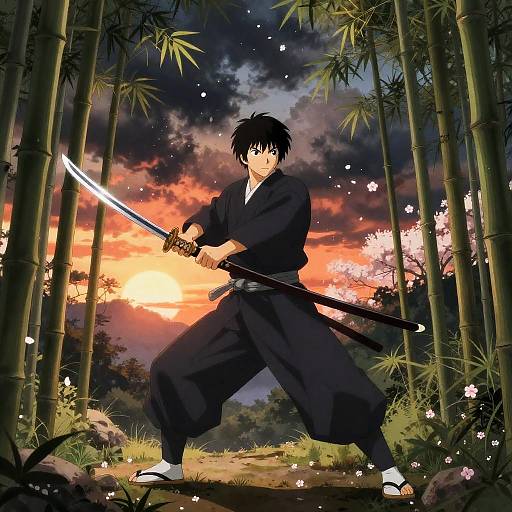 Samurai Drawing His Katana Amid Bamboo Storm